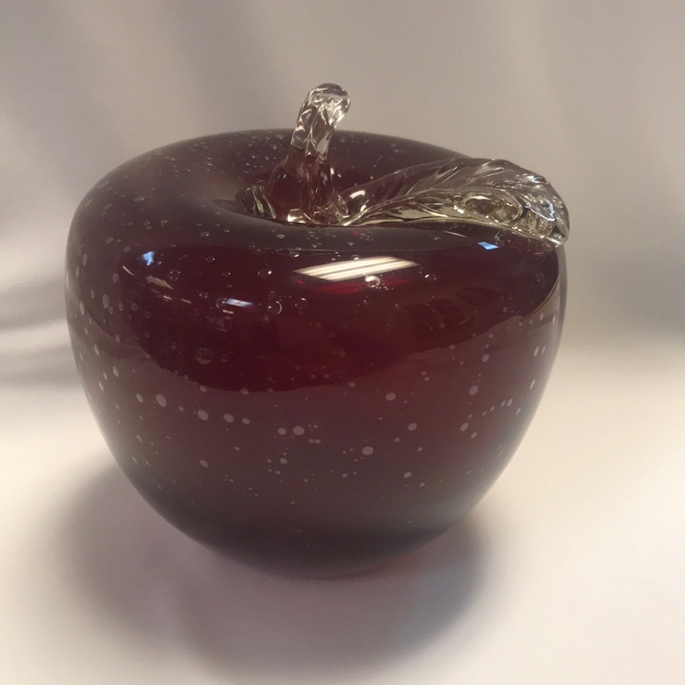 Large Hand‎ Blown Red Glass Apple with Applied Clear Glass Stem & Leaf